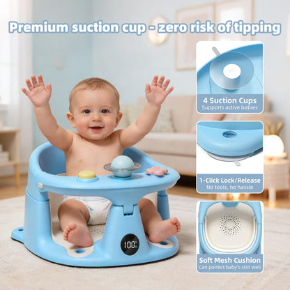 Baby Bath Seat for Babies 6 Months & up with Thermometer, Non-Slip Toddler Bath Seats for Sitting Up, Safe Infant & Newborn Bathtub Chair with 4 Suction Cups, Soft Cushion & Temperature Display, Blue