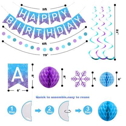 meowtastic Frozen Birthday Party Decorations - Happy Birthday Banner with Honeycomb Balls, Snowflake Hanging Swirls Streamers, Circle Dots Garland Decorations - Party Decor for Boys Girls (Frozen)