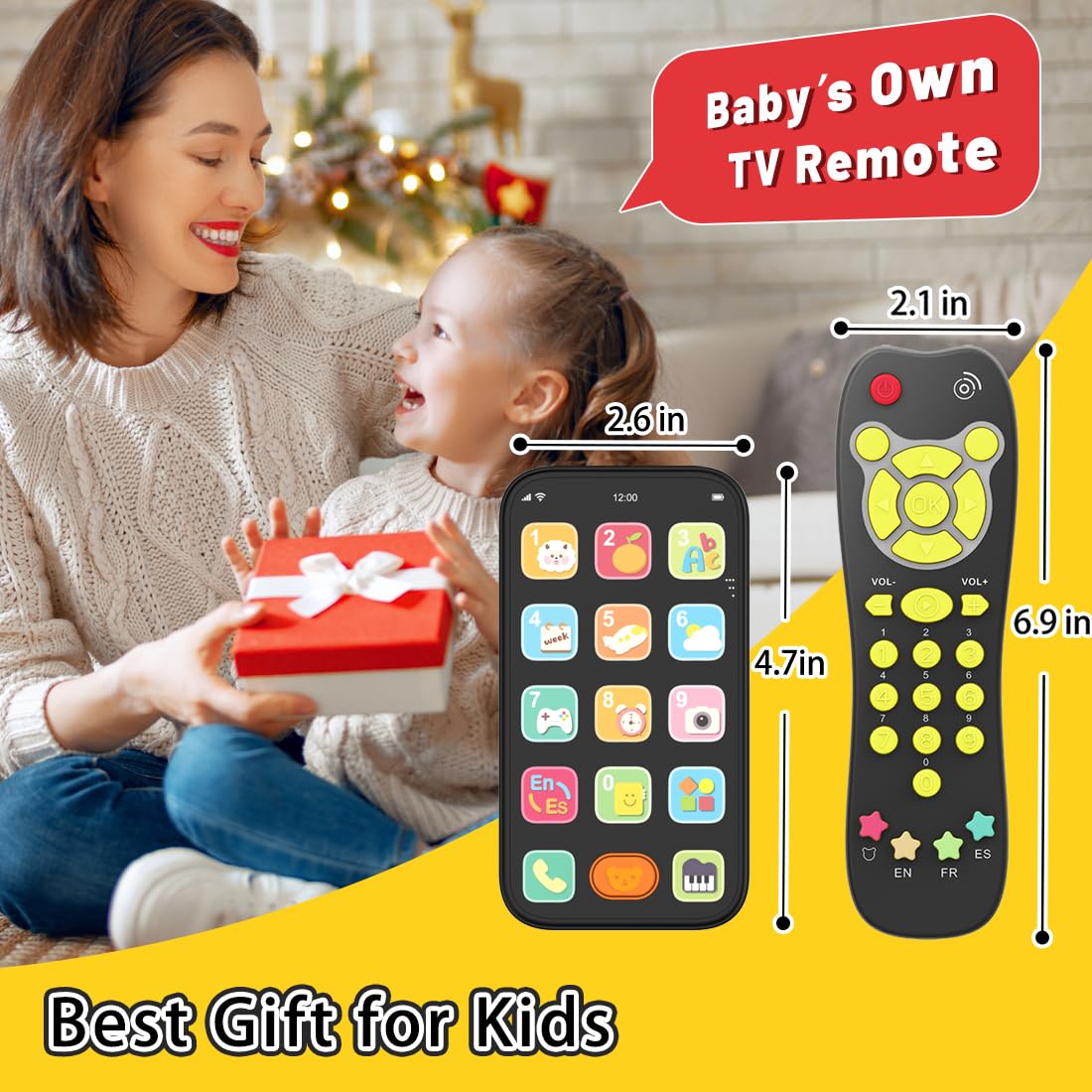 Toy Phone Baby Remote Control Toy Set, Play Phones TV Remote Control with Music Light for 6+ Months, Early Learning Baby Toys Gift for 1 Year Old Boys Girls Kids Toddler Infant, English/Spanish, Black