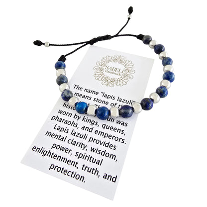 Sabeli Handmade Lapis Lazuli Bracelet Crystal Bead Jewelry for Men and Women Spiritual Healing Anxiety Protection Gemstone Natural Stone Gift Adjustable Blue 6mm Beads