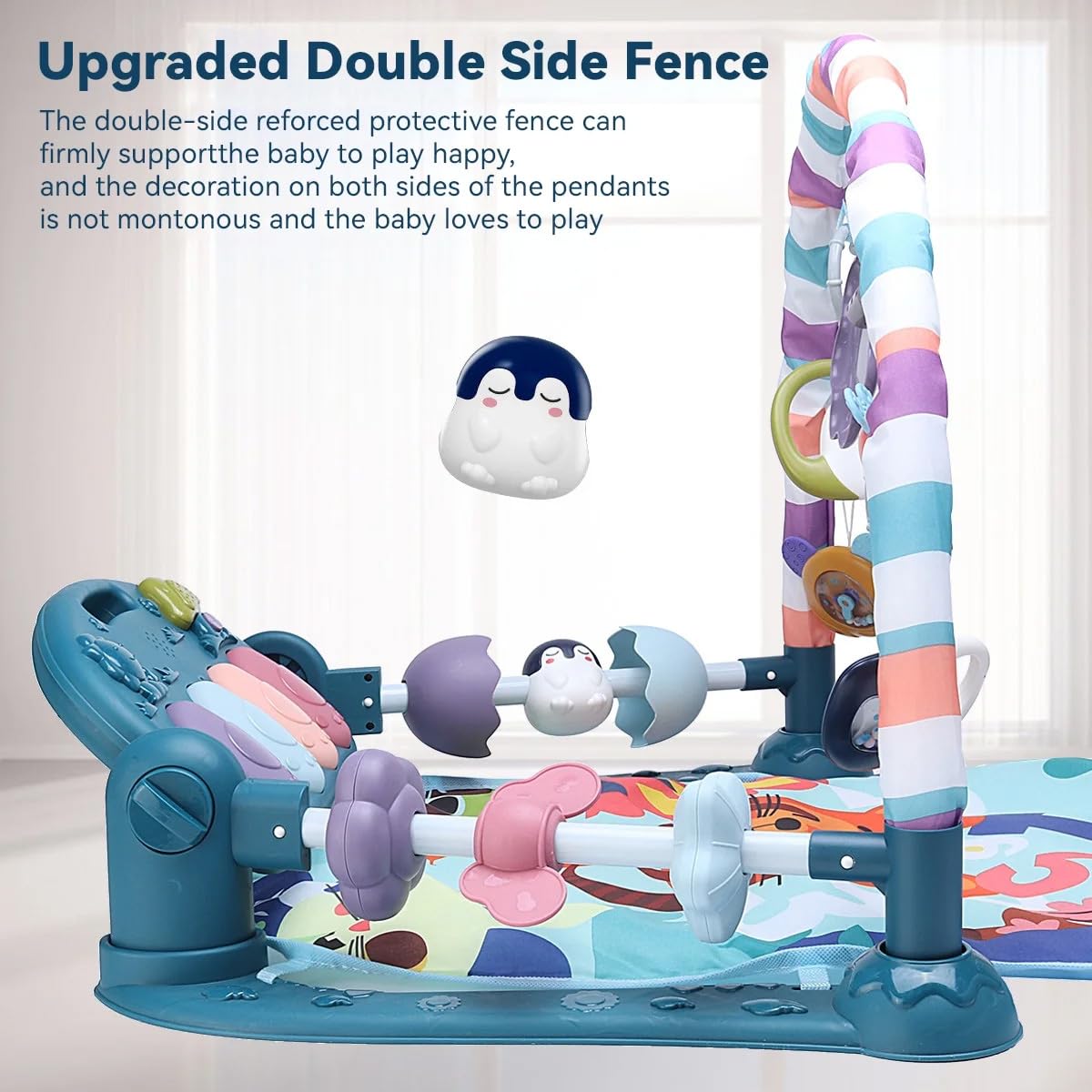 Baby Gym Play Mat, Piano Kick and Play Lights and Music Tummy Time Toys Infant Musical Activity Gym Mat for Visual, Hearing, Sensory, Gift Suitable for Newborns Aged 0 to 3 6 9 12 Months (Blue)