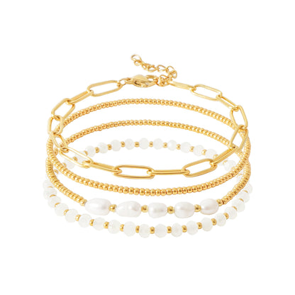 Pymach Dainty Gold Plated Pearl Crystal Beaded Bracelets Set for Women 14K Gold Plated Bead Pearl Beads Bracelet Stackable Paperclip Link Chain Bracelets Gold Plated Bracelets for Women Trendy Jewelry