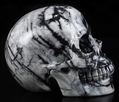Skullis 5.0" Black Picasso Crystal Skull, Hand Carved Gemstone Fine Art Sculpture, Reiki Healing Stone Statue.
