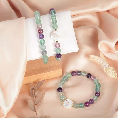 TUMBEELLUWA 8mm Healing Crystal Bracelet Natural White Shell Star Moon Bead Stone Handmade Stretch Wrist Jewelry Spiritual Gift for Women, Fluorite