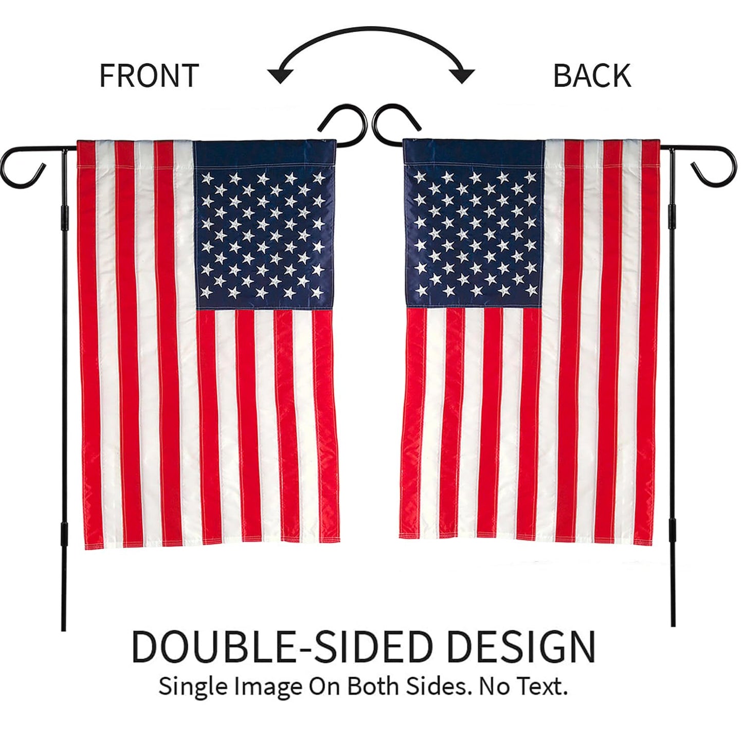 Evergreen 2 pcs American Flags with 2 Flag Stands | Set of 4 | Garden Flags 12x18 Double Sided | Patriotic House Flags For Outside | Small American Flag Garden Size | Embroidered Stars and Stripes | USA Residential or Commercial