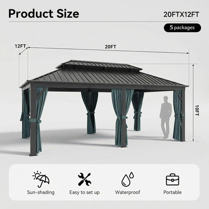 HOTEEL Gazebo 12x20 on Clearance with Metal Roof, Heavy Duty Hardtop Gazebo with Flame-Retardant Curtain & Netting, Outdoor Gazebos with Galvanized Steel Double Roof for Party,Patio Black