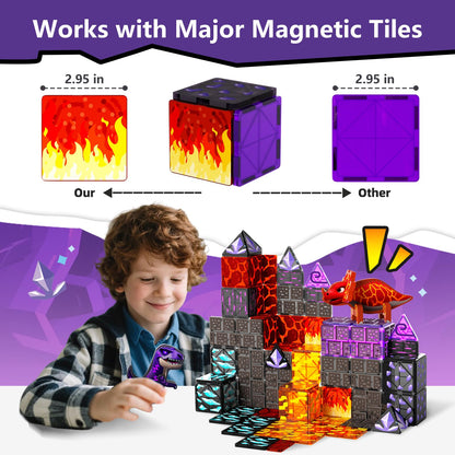 GobiDex Dinosaur Toys Magnetic Tiles Lava Cave Dinosaur World Set - Magnetic Building Blocks for Kids 3-5 5-7 Girls Boys Toys Age 4-6 6-8, STEM Sensory Toddler Birthday Gifts for 3+ Year Old Kids Toy