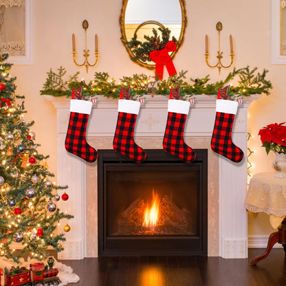 YUJUN 6 Pack 22 Inches Christmas Stockings, Xmas Large Black Red Buffalo Plaid Hanging Stockings Decorations for Christmas Tree Fireplace Family Holiday Party Decor