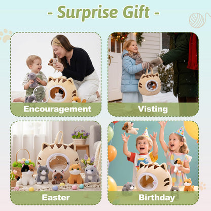 OUOZZZ Cat Stuffed Animal House – Plush Kitten Toy Set with 5 Soft Cats – Interactive & Travel-Friendly Kitties Carrier Playset for Toddlers & Kids – Huggable, Portable Birthday Gift for Baby Girls
