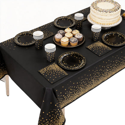 PHOGARY 61 Pcs Black Gold Disposable Tableware Set, Paper Plates and Napkins Party Supplies Dinnerware Golden Dot Black Plates Cups Straws Napkins Plastic Tablecloths for Birthday Party Decorations