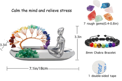 Carselage Meditation Accessories, Zen Spiritual Decor, 7 Chakra Crystal Tree Healing Stones and Yoga Statues, for Living Room, Office, Shelves, Mantle Decor, Birthday Gifts for Women