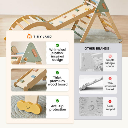 Tiny Land Pikler Triangle Set,7-in-1 Foldable Montessori Toddler Climbing Toys Indoor, Wooden Playground Jungle Gym for Kids, Climber Gift for Boys & Girls Toddler Climbing Toys (Morandi)