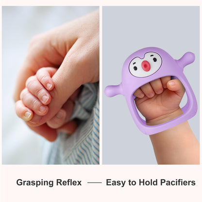 Smily Mia 2pack Penguin Teether for Babies 0-6Month, Infant Teething Toys,Pacifiers for Breastfed Babies, Silicone Teething Mittens for 3-6Months, Perfect Shower Gift+Baby Registry, Pink&Purple
