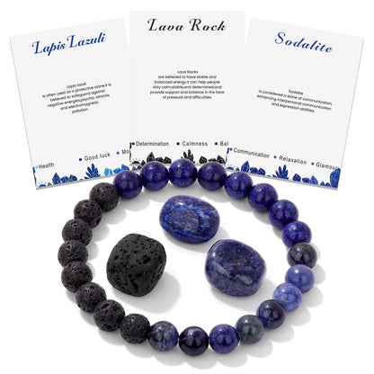 GolbalJew Natural Stone Beads Bracelet With Healing Stones Crystal Beginner Gift Set of 4 for Emotional Balance, Blue Lapis Lazuli, Lava Rock, Sodalite, Apatite, Turquoise, Amazonite, Obsidian, Hematite, Tiger's eye Palm Stones