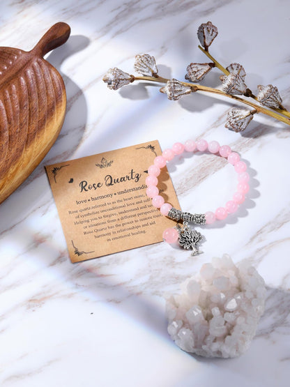Jovivi 8MM Natural Rose Quartz Gemstone Beads Healing Crystal Stone Point Life Tree Lucky Charm Stretch Bracelet for Women Jewelry
