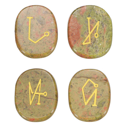 MECCANIXITY 4Pcs Engraved Chakra Stones with Reiki Symbols, Green Jasper Reiki Healing Crystal Gemstone 7 Chakra Crystal Stones Tumbled Palm Stone for Anxiety Relieve
