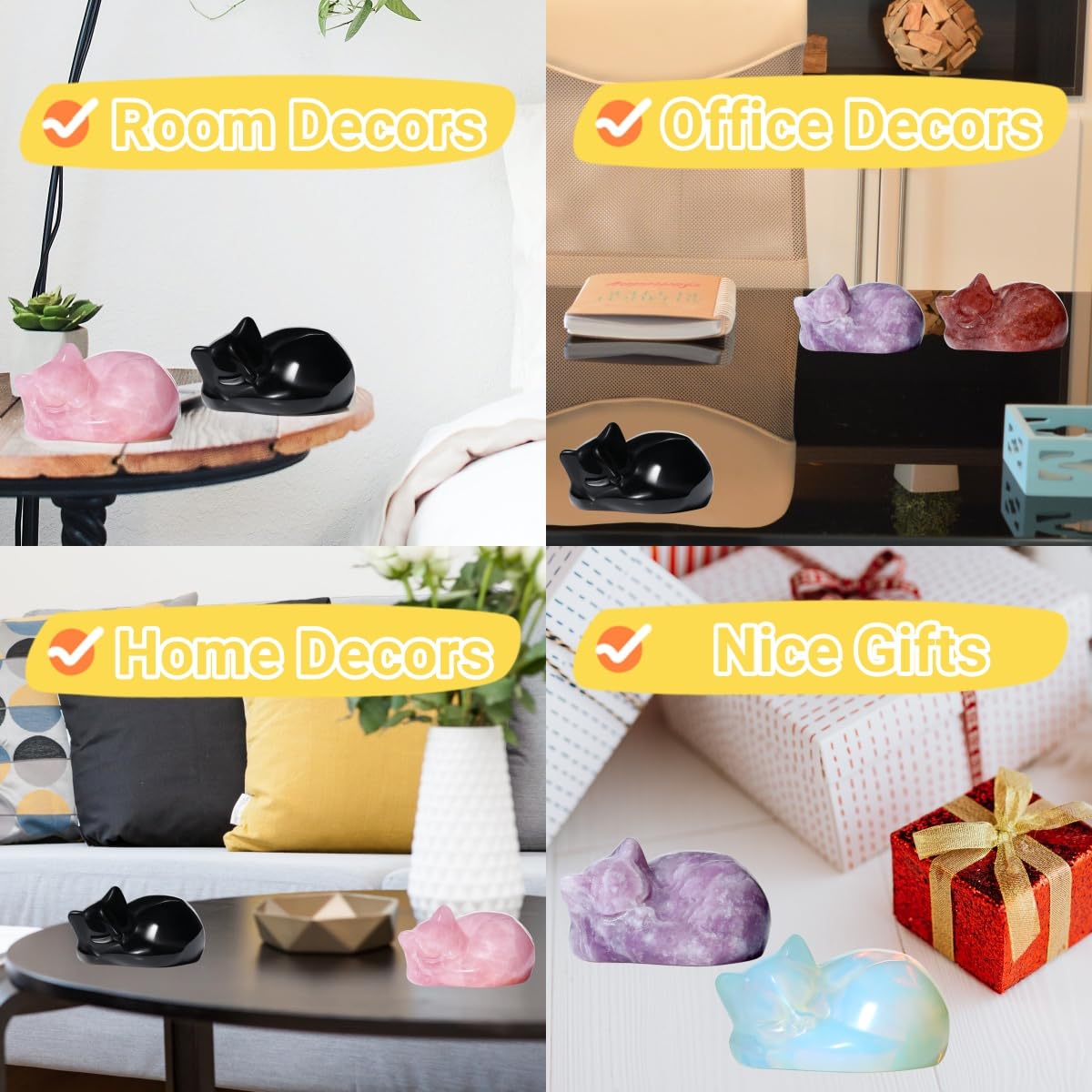 YATOJUZI 2" Cat Decors Statue Pink Home Office Desk Decor Rose Quartz Crystals Sleeping Cats Gemstone Hand-Carved Cute Crystal Animal Statues Figurine Kitten Ornaments Gifts for Women