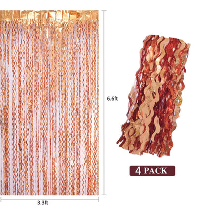 4 Pack 3.3x6.6ft Wavy Orange Foil Fringe Backdrop Curtains -Tinsel Streamers Metallic Foil Fringe Backdrop Door for Halloween, Graduation,Baby Shower,Gender Reveal