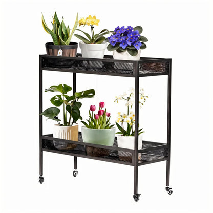 DHYGOTFUR 2-Tier Aluminum Plant Stand Outdoor Indoor with Lockable 360° Wheels & Grid Guardrails, Heavy-Duty Metal Plant Rack Anti-Fall, Mobile Display Shelf for Patio Garden Balcony Lawn