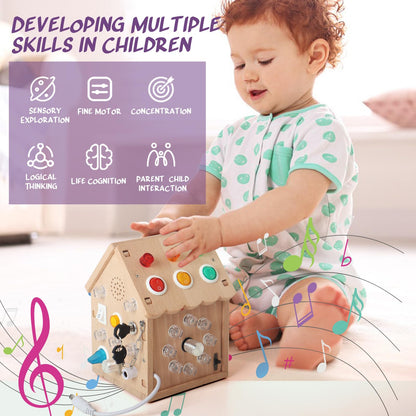 Dinhon Sound and Light Busy House Wooden Montessori Busy Board, Light Switch Games Toddler Sensory Toys Montessori Toys for 3+ Year Old Gifts for Boys and Girls