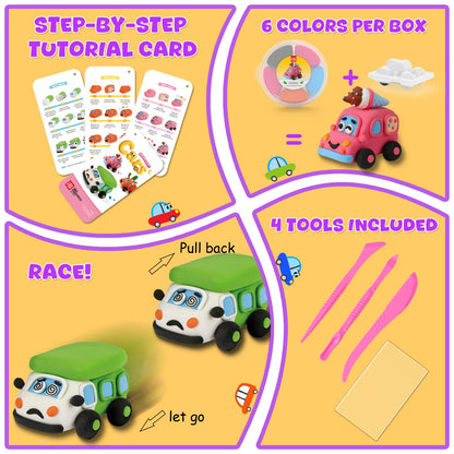Air Dry Clay Kit for Kids - Pull Back Car Making, 3 Boxes Modeling Clay with Sculpting Tools, Base, Backing Board, Tutorial, Ultra Light & Soft, Non-Toxic & Safe, Creative DIY Arts and Crafts Toys