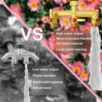 Garden Hose Splitter, 3 Way Hose Splitter, Full Flow 3/4” Rust & Freeze, Outdoor Heavy Duty Brass 3-Way Valve Faucet Adapter, Metal Extended Labor Saving Handle