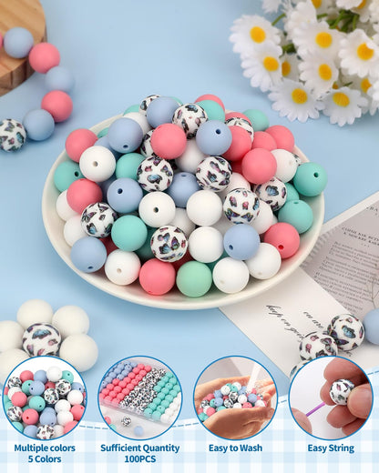 SALUOKE 100 Pcs 15mm Silicone Beads for Keychain Making, Butterfly Silicone Beads Bulk Round for Bracelets Pens Crafts Jewelry Making (Butterfly)