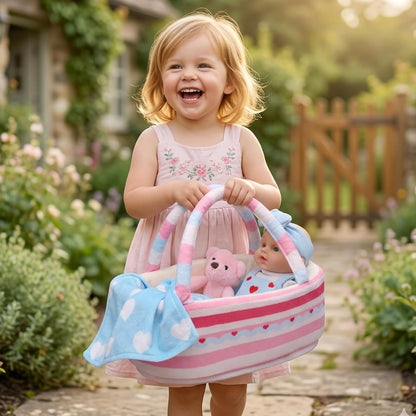 Uzoxlsn 12’’ Baby Doll with Cotton Carrier Bassinet, 15 Pcs Baby Doll Accessories Bedding, Feeding and Caring Set Magic Bottle Pacifier Diaper Blanket Pretend Play Game Gift for Girls Age 3+ Toddler