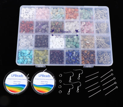 LPBeads Jewelry Making Kit 1200 PCS Natural Crystal Beads in 20 Colors Gemstone, Jump Rings, Earring Hooks, Pins, Elastic Bracelet String for Women and Adults