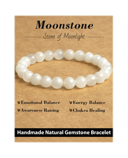 Landorilo Beaded Bracelet for Men Women, 8mm Natural Stone Moonstone Healing Crystal Stretch Bracelets, Ideal Christmas Birthday Jewelry Gifts with Energy Card，Replacement Beads Included