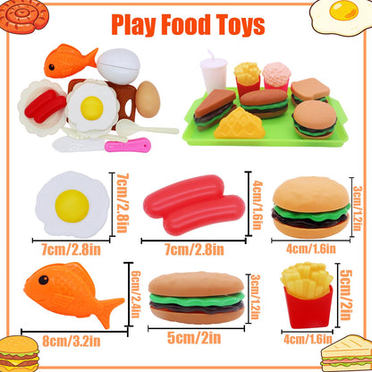 HOXBUR Pretend Play Kitchen Accessories for Kids, 77Pcs Cutting Fruits Vegetables Hamburger Toy Kitchen Accessories with Baskets for Toddlers 3 Years Old