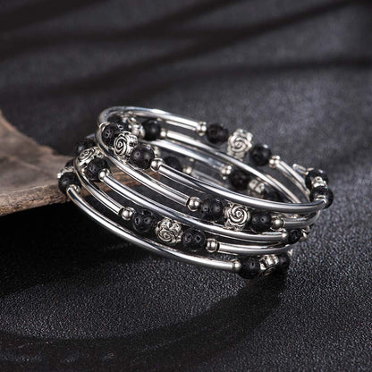 BULINLIN Wrap Bangle Rose Bead Bracelet - Beaded Bracelet with Natural Agate Stone Gifts For Women(01-Lava black)