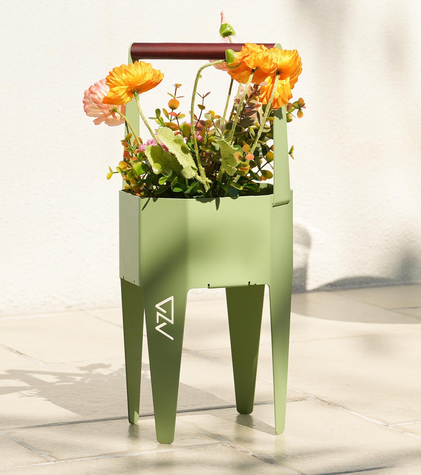 AZADESJET Planter with Stand, Metal 2 in 1 Portable Planter with Grow Bags & Handle, Stable Stylish Indoor Plant Pots with Stand, Modern Flower Pots Outdoor, 7.5'' x 17.3'', Green, Plant Not Included