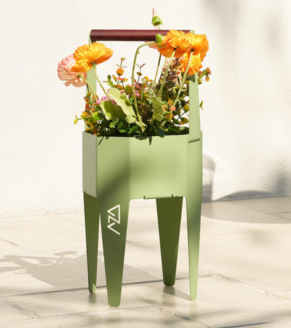 AZADESJET Planter with Stand, Metal 2 in 1 Portable Planter with Grow Bags & Handle, Stable Stylish Indoor Plant Pots with Stand, Modern Flower Pots Outdoor, 7.5'' x 17.3'', Green, Plant Not Included