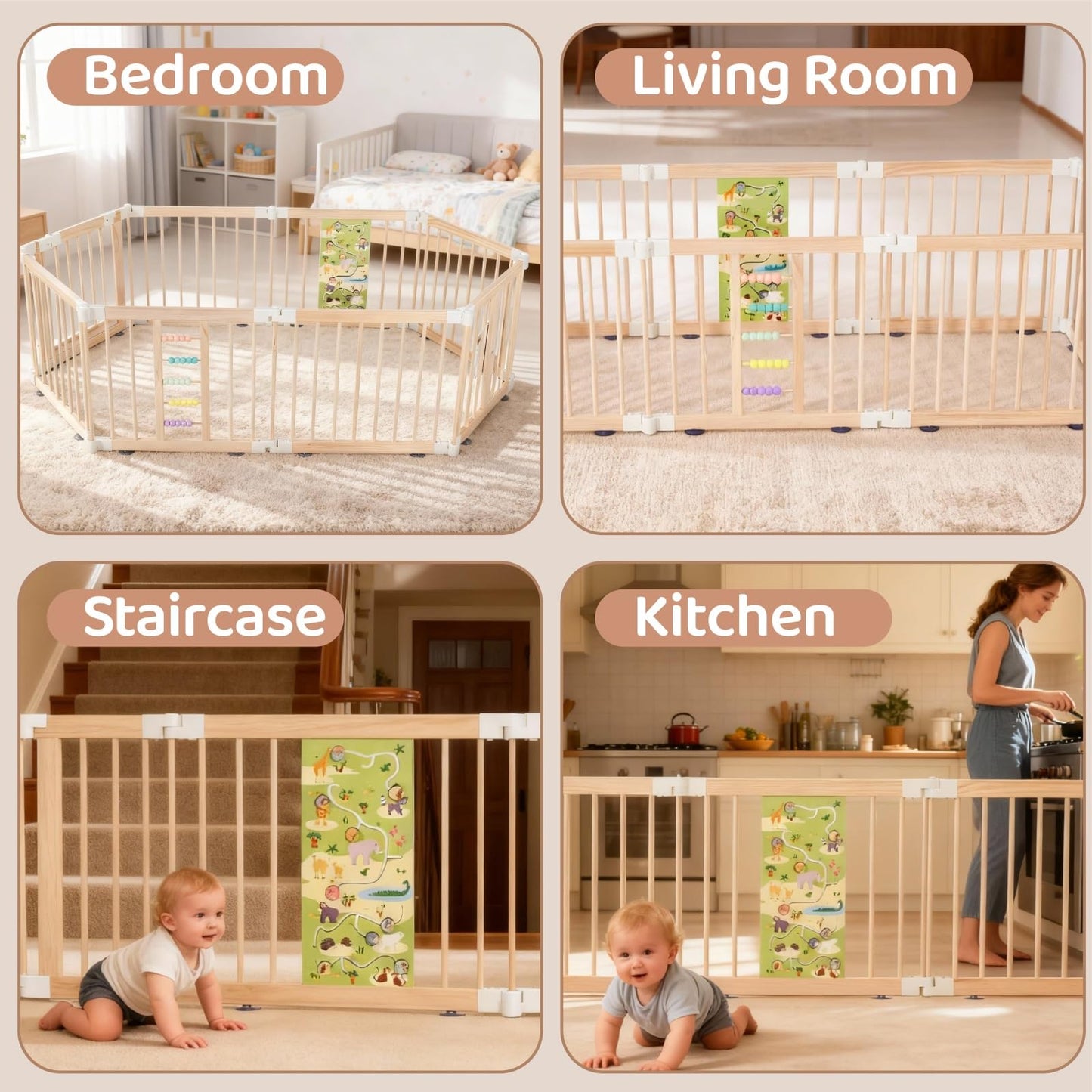 Wooden Baby Playpen, Large Foldable Play Yard for Babies and Toddlers, 57"x57"x24" Montessori Play Fence with Activity Center,Easy Fold & Safety Gate for Indoor Play Area
