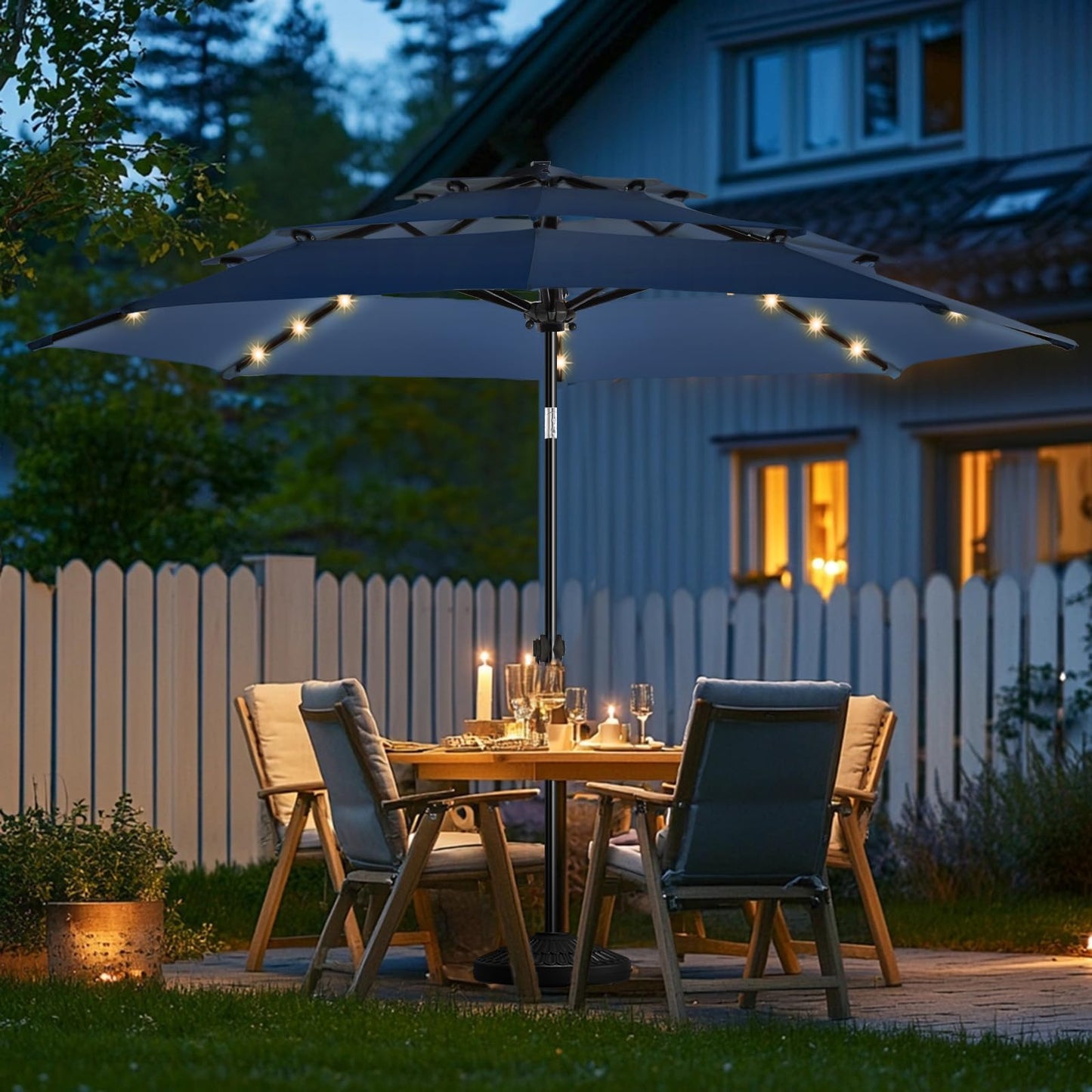 wikiwiki 9FT 3Tiers Solar Led Patio Umbrella, Sturdy Outdoor Market Umbrella for Deck, Pool, Garden w/Tilt, Crank, 32 LED Lights, Navy Blue