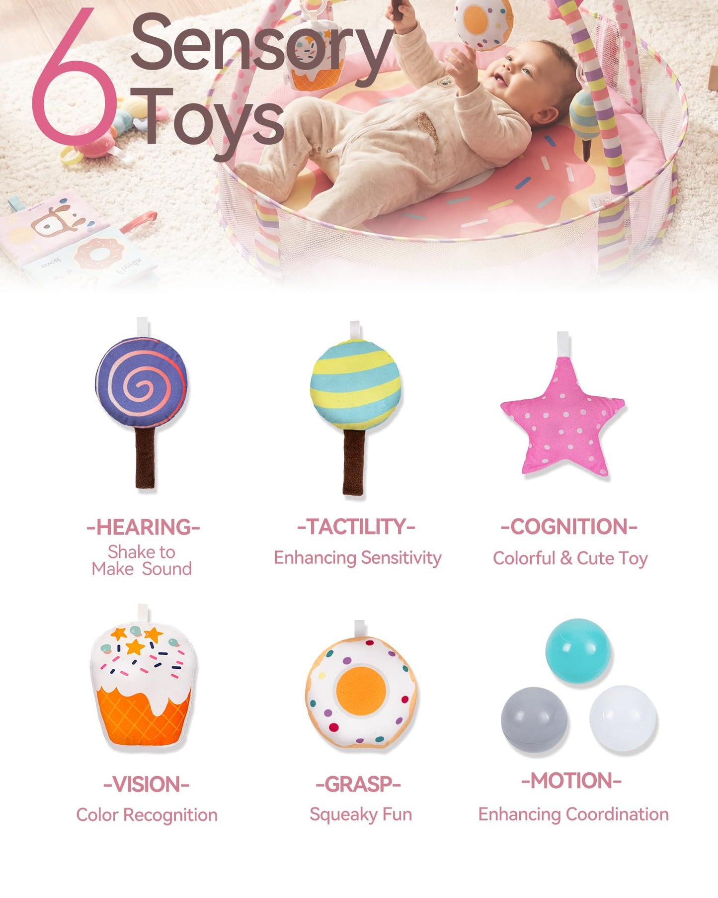 4-in-1 Baby Play Mat & Baby Play Gym,Baby Girl Play Mat Activity Gym, Pink Donut Tummy Time Mat for Babies and Toddlers, Infant Activity Center for Newborn to Develop Motor Cognition