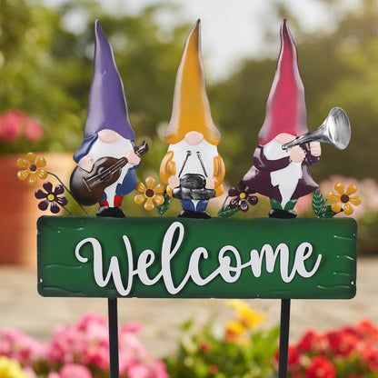YHSOLAR Spring Gnomes Decorations for Yard with Garden Welcome Sign, Large 43.3inch Musical Gnome Decorative Garden Stakes Metal Yard Art for Outdoor Lawn Decorations