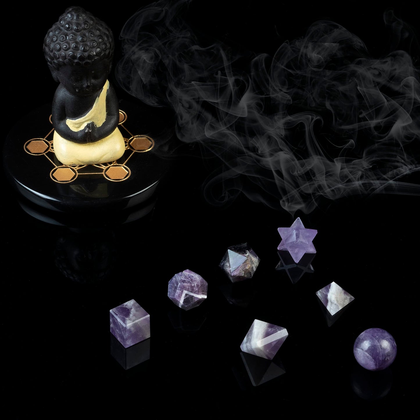 Crocon Amethyst 7 Pcs Platonic Sacred Stones Geometry Set for Chakra Stone Balancing Reiki Healing Spiritual Good Luck Home Office Decor Size: 15-20 mm