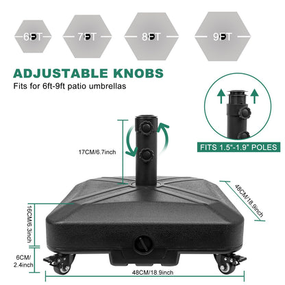RAOKUKH Patio Umbrella Base Heavy Duty with Wheels Square Market Stand for Outdoor 4 Locks 2 Knobs 125lb Capacity, Black