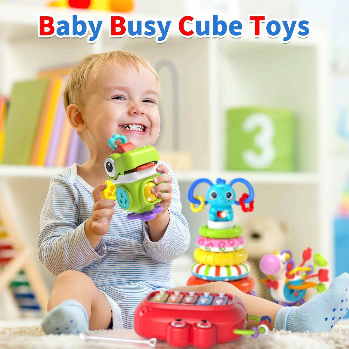 4 in 1 Baby Toys for 6 to 12 to 18 Months, Infant Sensory & Stacking for 1+ Year Old, Busy Cube Toys for Babies 6 - 12 Months, Piano Xylophone Musical Travel Toys, Christmas Birthday Gifts for 1 - 2