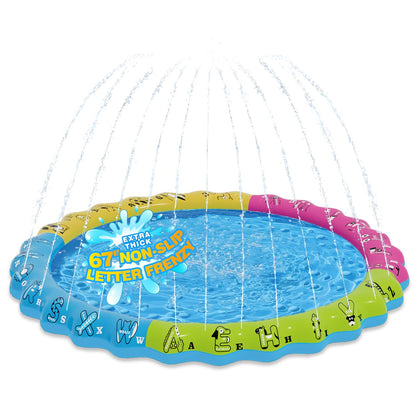 67" 3-in-1 Non-Slip Splash Pads for Toddlers 1-3 & Kids Ages 4-8, Baby Learning Pool, Sprinkler for Kids Summer Outdoor Water Toys, Game Mat with A-Z Letters