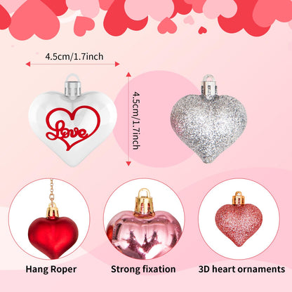 45Pcs Valentine's Day Heart Shaped Ornaments, Heart Shaped Baubles Red Pink Glitter White Silver Hanging Decorations for Valentine's Day Christmas Wedding Anniversary(9 Styles)