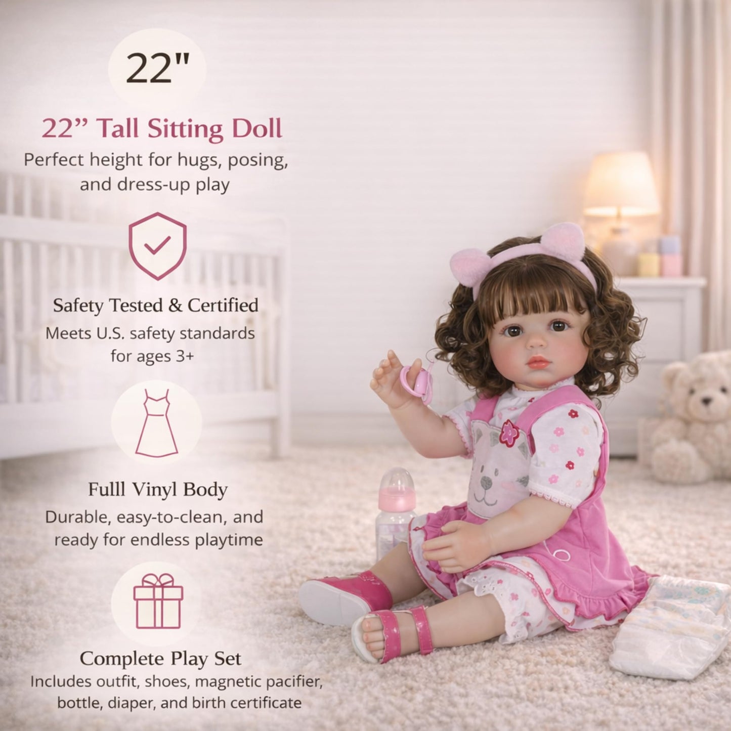 Purrfect Kitty Playtime Baby Doll – 22” Lifelike Reborn Toddler Doll with Hand-Painted Face, Rooted Hair, Cat-Themed Outfit & Accessories – Realistic Pretend Play Gift for Kids Ages 3+