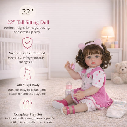 Purrfect Kitty Playtime Baby Doll – 22” Lifelike Reborn Toddler Doll with Hand-Painted Face, Rooted Hair, Cat-Themed Outfit & Accessories – Realistic Pretend Play Gift for Kids Ages 3+