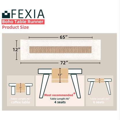 FEXIA Boho Table Runner for Thanksgiving Fall Christmas Home Decor with Tassels 72 Inches Long Pottery barn Furniture Farmhouse Rustic Macrame Burlap Table Decoration for Living Room (12x72 Inches)