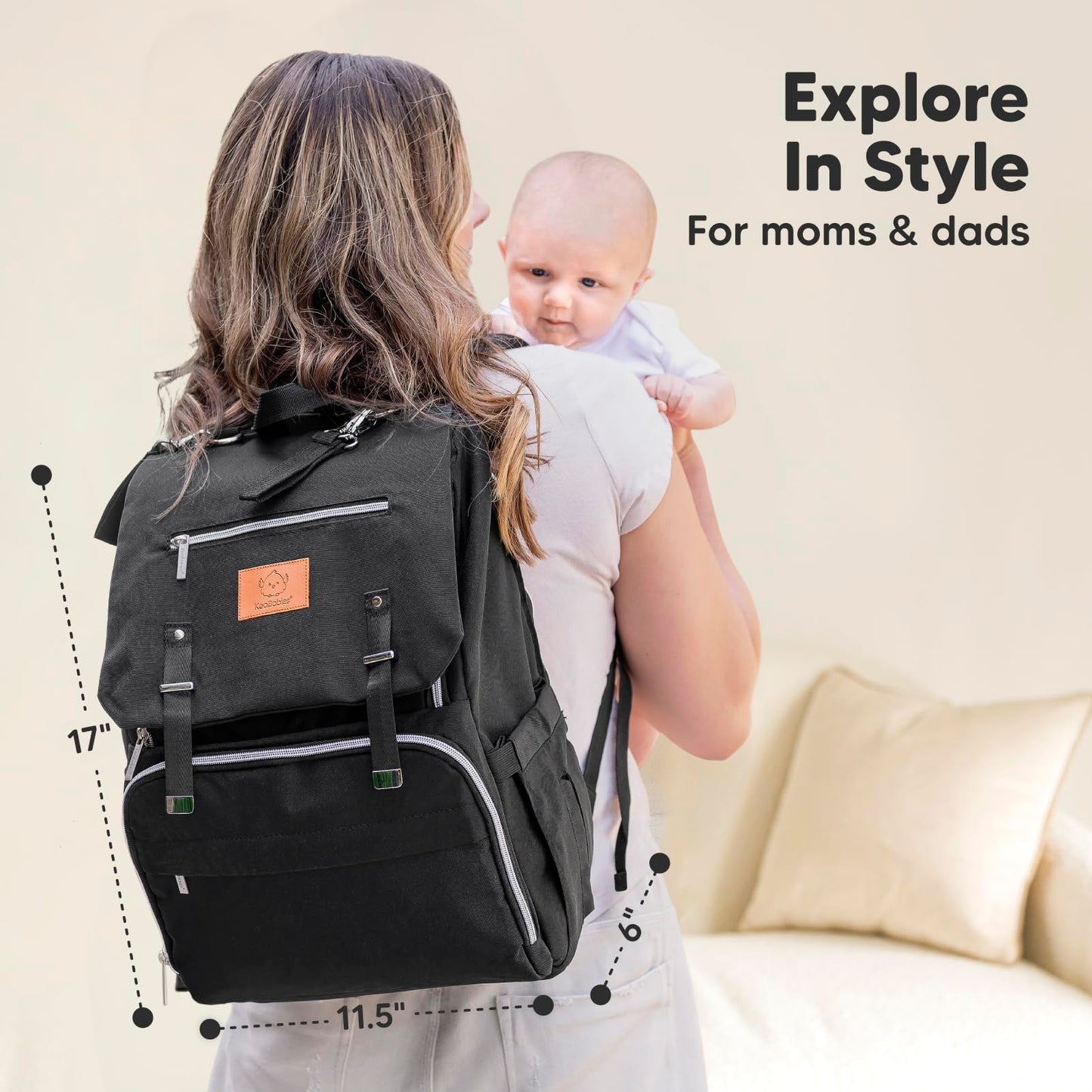 KeaBabies Baby Diaper Bag Backpack with Changing Pad - Waterproof Baby Bag for Mom and Dad, Insulated Bottle Pockets, Durable Toddler, Twin, Boy Girl Diaper Backpack for Travel, Large (Trendy Black)