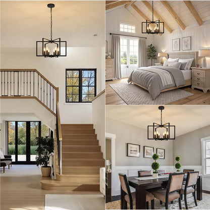 Black Farmhouse Chandelier, 6 Light Geometric Dining Room Light Fixture, Modern Industrial Metal Ceiling Light Rustic Hanging Pendant Lights with E12 base for Kitchen Island Entryway Foyer, Indoor
