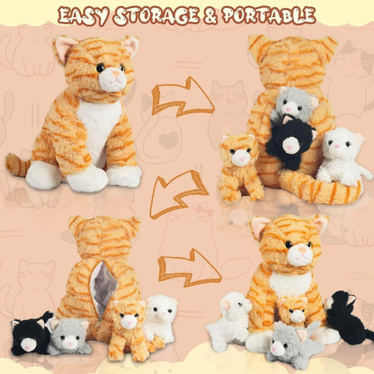 5 Pieces Cat Stuffed Animal with Babies Inside Belly 1 Mommy Stuffed Cat Toy with 4 Baby Plush Kittens, Orange Tabby Cat Plush Stuffed Kitty Plush Toys for Kids Birthday Party Favors Surprise Gifts