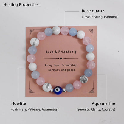 DLYFNVEV Love Friendship Harmony Peace Bracelet Rose Quartz Blue Aquamarine Howlite Eye Evil Protection Healing Crystal Beaded Anxiety Relief Triple Natural Stone Jewelry Gifts For Women
